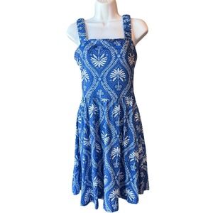 HUHOT Palm Print Midi Dress Women's Size Small Blue White Resortcore Vacation